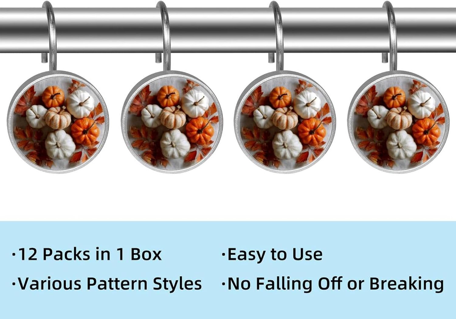 Set of 12 Shower Curtain Hooks, Shower Curtain Rings Crystal Glass Decorative Bathroom Hook, Thanksgiving Orange and White Pumpkins a (2)