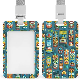 Colorful Tiki Mask Pattern Badge Holder Waterproof Plastic ID Card Badge Holders with Lanyard Vertical Card Case Protector Pouch Clear Window Work Badges for Women Men