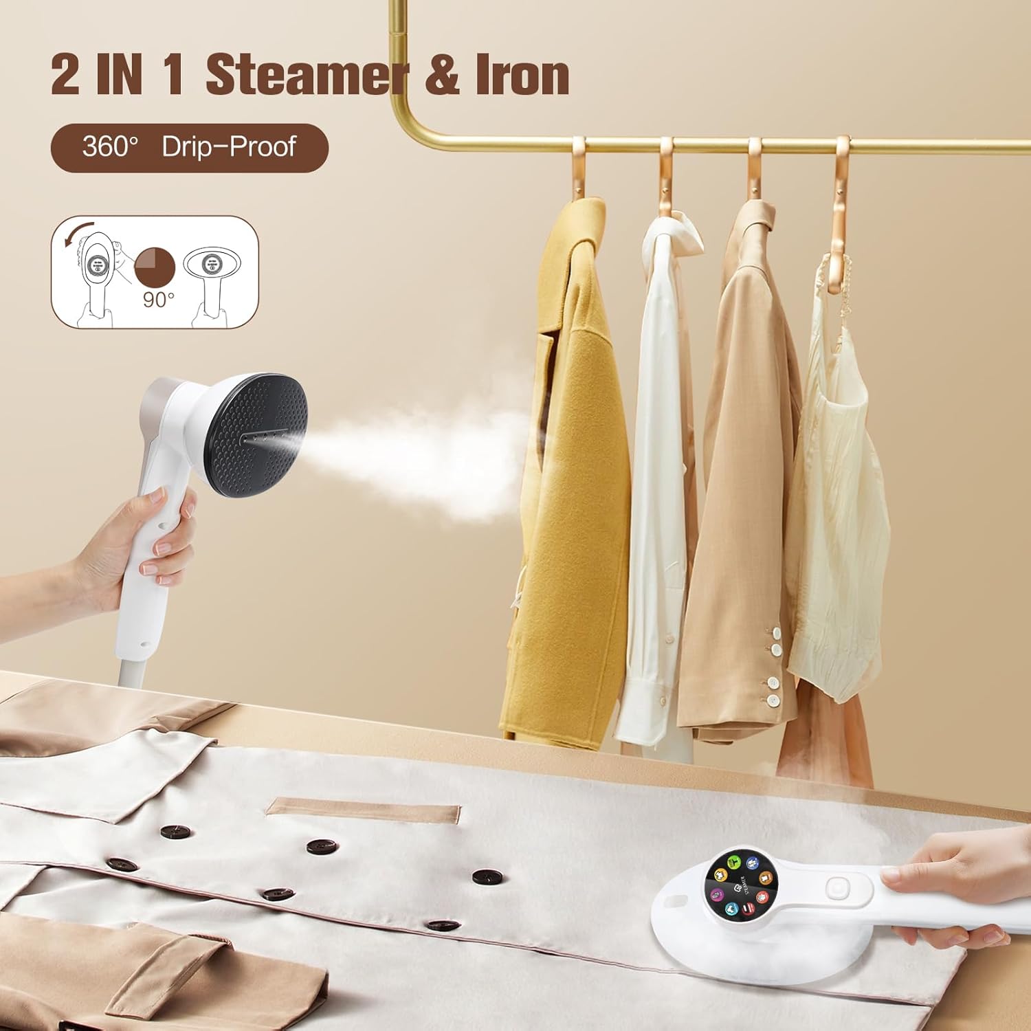 2-in-1 Handheld Steamer for Clothes & lron, 1450W Portable Garment Steamer with Smart LCD Display, 400ml Large Tank,8 Steam Levels, 90° Rotating Head, Fast Heat & Auto-Off for Home/Travel