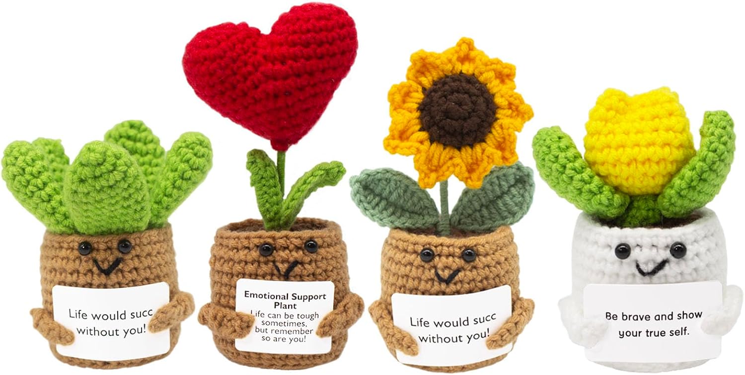 TJCJOYO Crochet Positive Plant Set Handmade Knitted Cactus Toy Cute Funny Emotional Positive Life Doll Gifts with Encouraging Card for Coworker Friends Room Decor 4PCS
