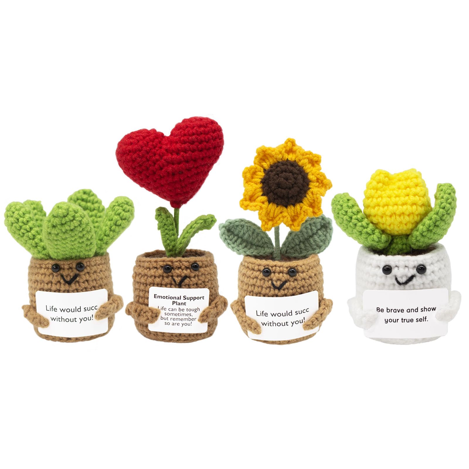 Crochet Positive Plant Set Handmade Knitted Cactus Toy Cute Funny Emotional Positive Life Doll Gifts with Encouraging Card for Coworker Friends Room