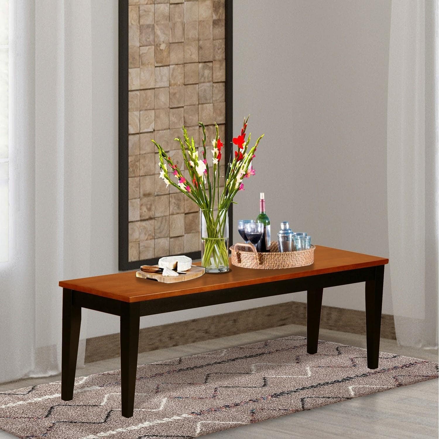 East West Furniture NIB-BLK-W Nicoli Dining Table Bench with Wooden Seat, 54x15x17 Inch, Black & Cherry