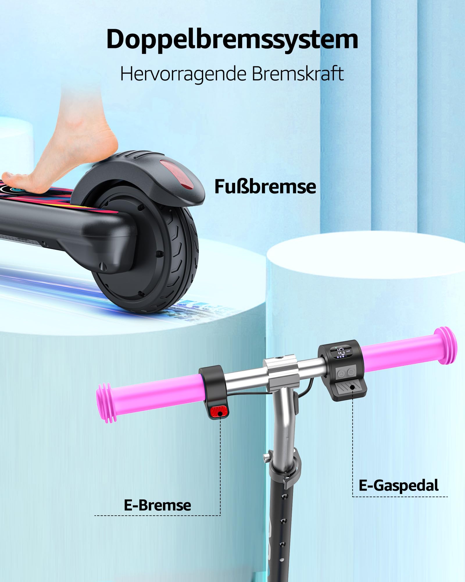 Gyroor Patinete eléctrico para niños de 6 a 12 años, Motor de 150 W, para niños, 10/13/16 km/h, Pantalla Digital LED, música y Scooter para niños, Luces arcoíris, 3 Alturas Ajustables