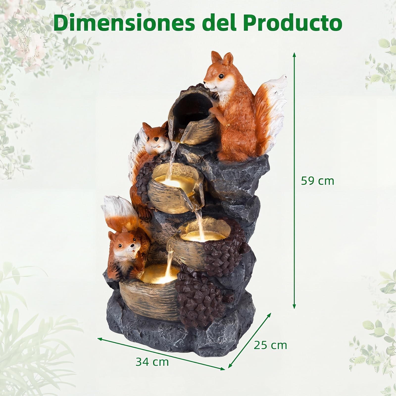 COSTWAY Fuente de Interior y Exterior, Fuente de Agua Decorativa con Iluminación LED, Figuras de Ardillas y Avellanas, Decoración de Resina Relajante para Mesa, Jardín, Patio