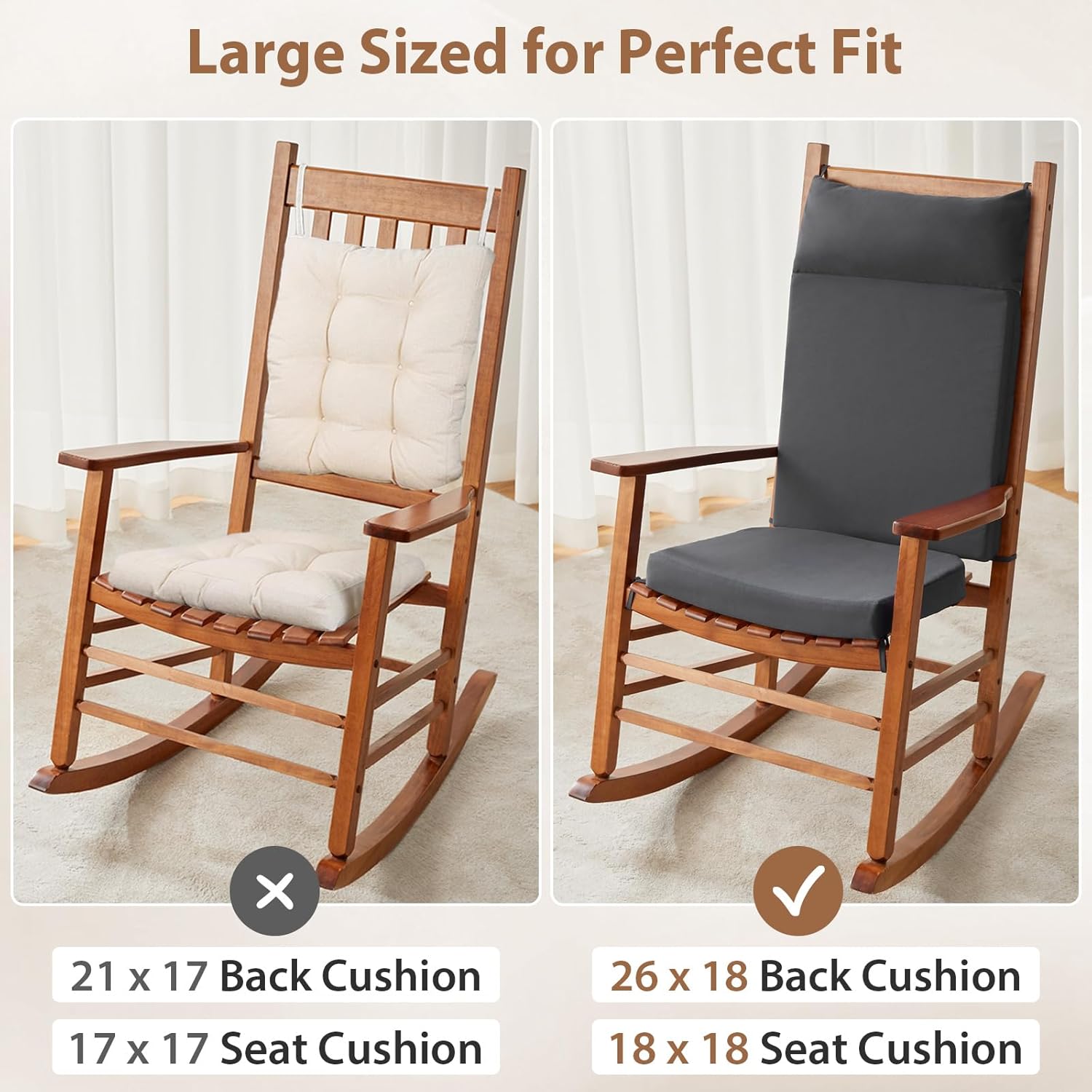 Waterproof Rocking Chair Cushions Outdoor & Indoor, Wooden Rocking Chair Pads set of 2, Non-Slip Large Glider Rocker Replacement Cushions with Pillow & Ties,Seat & Back Cushion for Rocker Grey