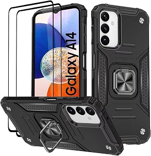Hülle für Samsung Galaxy A14 5G / 4G, Schutzfolie [2 Stück] Silikon TPU Hart PC Handy Hüllen 360 Grad Drehbar Ringhalter Bumper Stoßdämpfung Schutzhülle - Schwarz