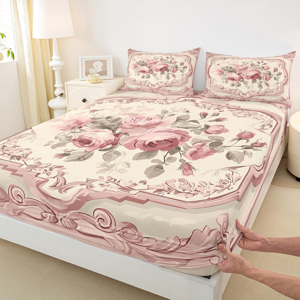 French Country Floral Fitted Sheet Pink Rose Full Size Bed Sheets | Romantic Flowers Rustic Bedding Set