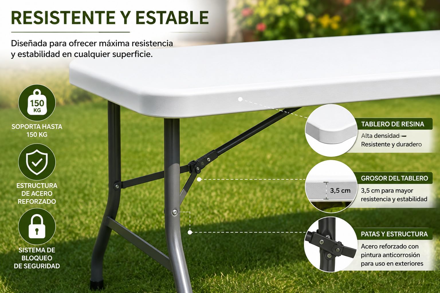 Mesa Plegable 180 cm Blanca con Asa, Mesa Jardín de Resina y Acero, Mesa Catering Portátil Multiusos para Camping, Picnic, Eventos, Terraza e Interior 180x70x74 cm