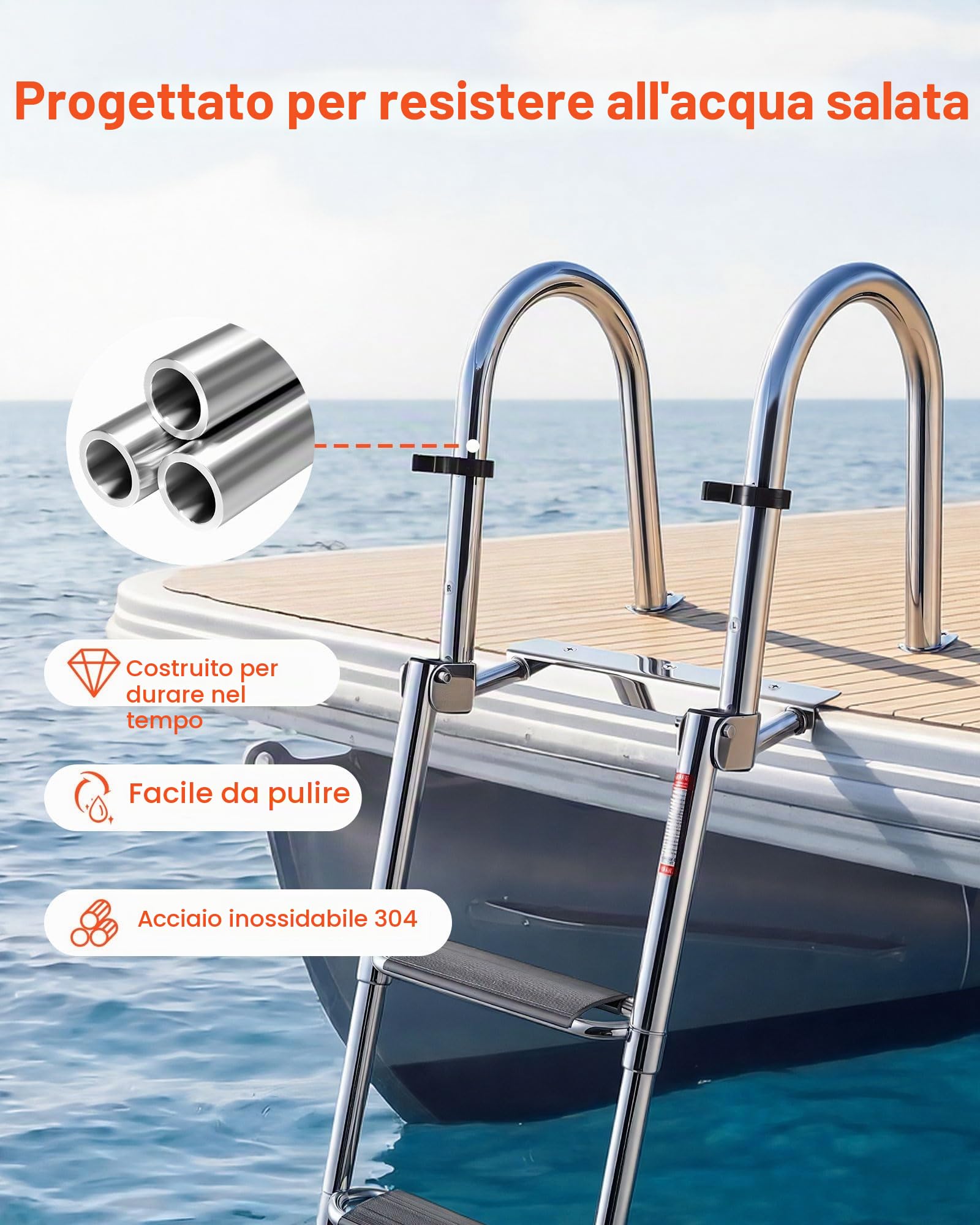 VEVOR Scaletta per Barca in Acciaio Inox, Scaletta Telescopica Pieghevole a 4 Gradini con Corrimano, per Piattaforma di Poppa, Portata Fino a 272 kg, Gradini Ampi, per Fuoribordo, Yacht e Pontoni