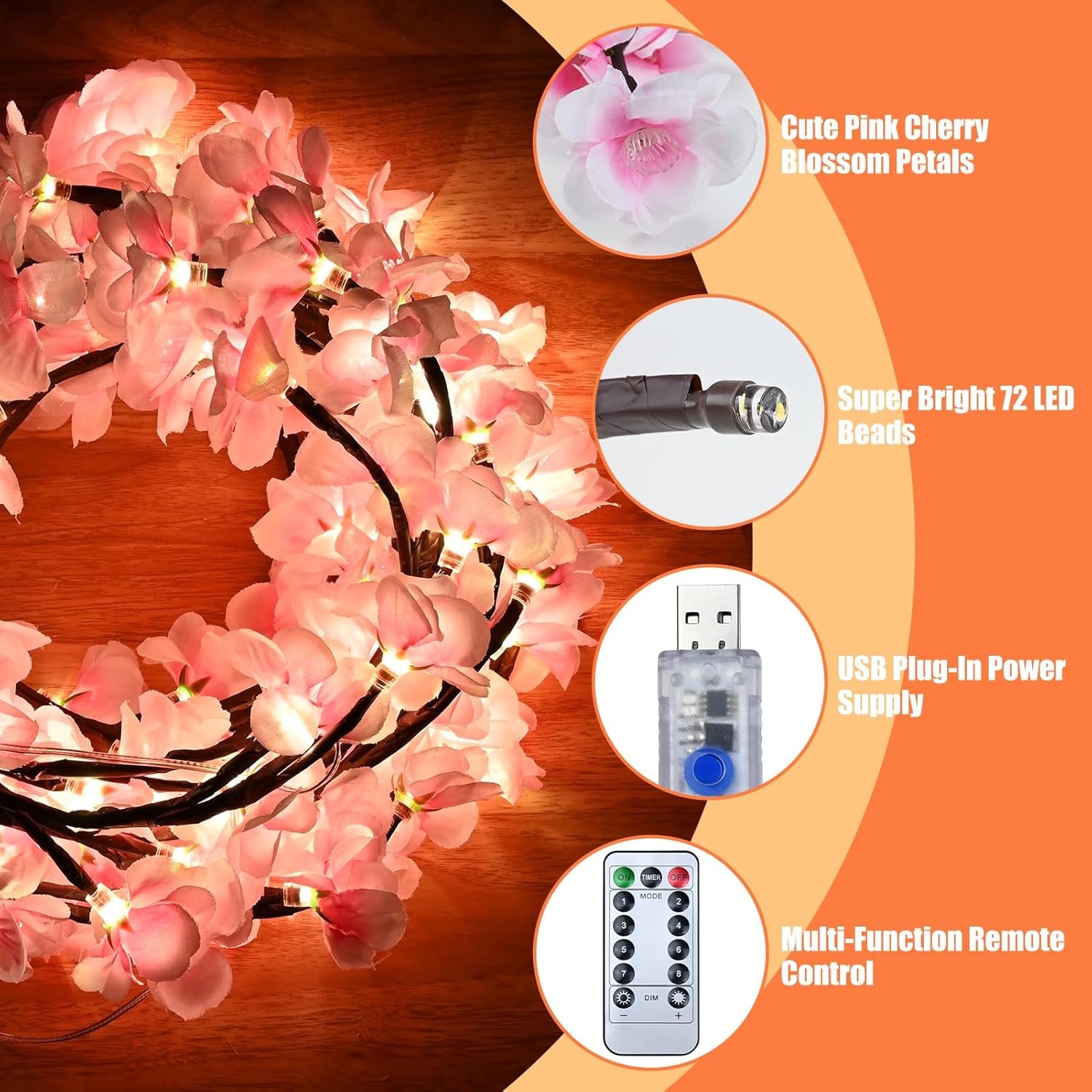 Cherry Blossom Tree Branch Lights for Wall - 5.25FT 72 LED Pink Cherry Blossom Branches String Lights with Remote Control & Cable Straps, Sakura Willow Vine Tree Light for Bedroom Door Window Room