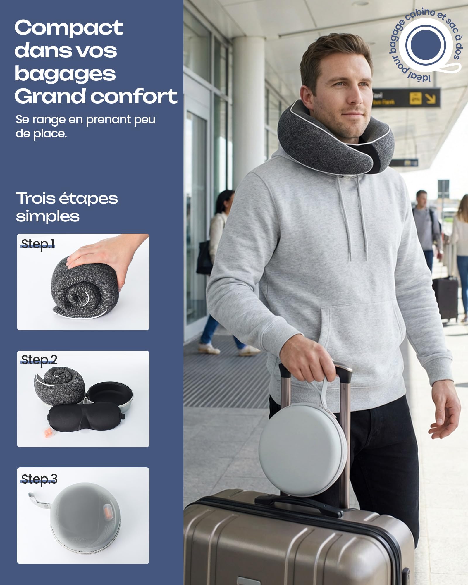 Aosun Coussin de Voyage Avion et Voiture, Oreiller de Voyage Mémoire de Forme, Tour de Cou 4 en 1 avec Masque 3D, Bouchons d’Oreilles et Étui, Coussin Cervical Compact Lavable