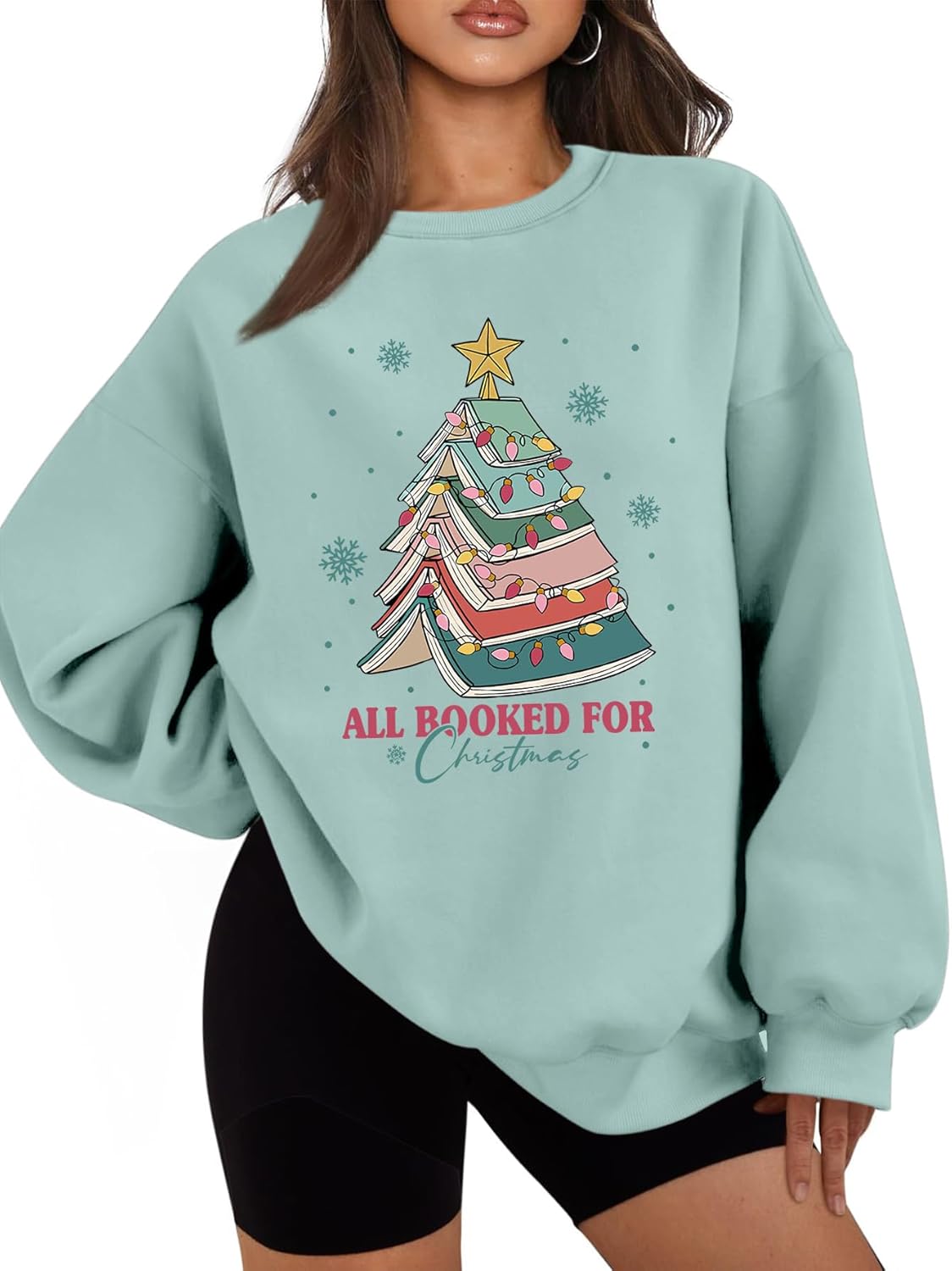 All Booked For Christmas Sweatshirt Long Sleeve Cute Christmas Tree Graphic Pullover Holiday Family Party Women Top - Image 3