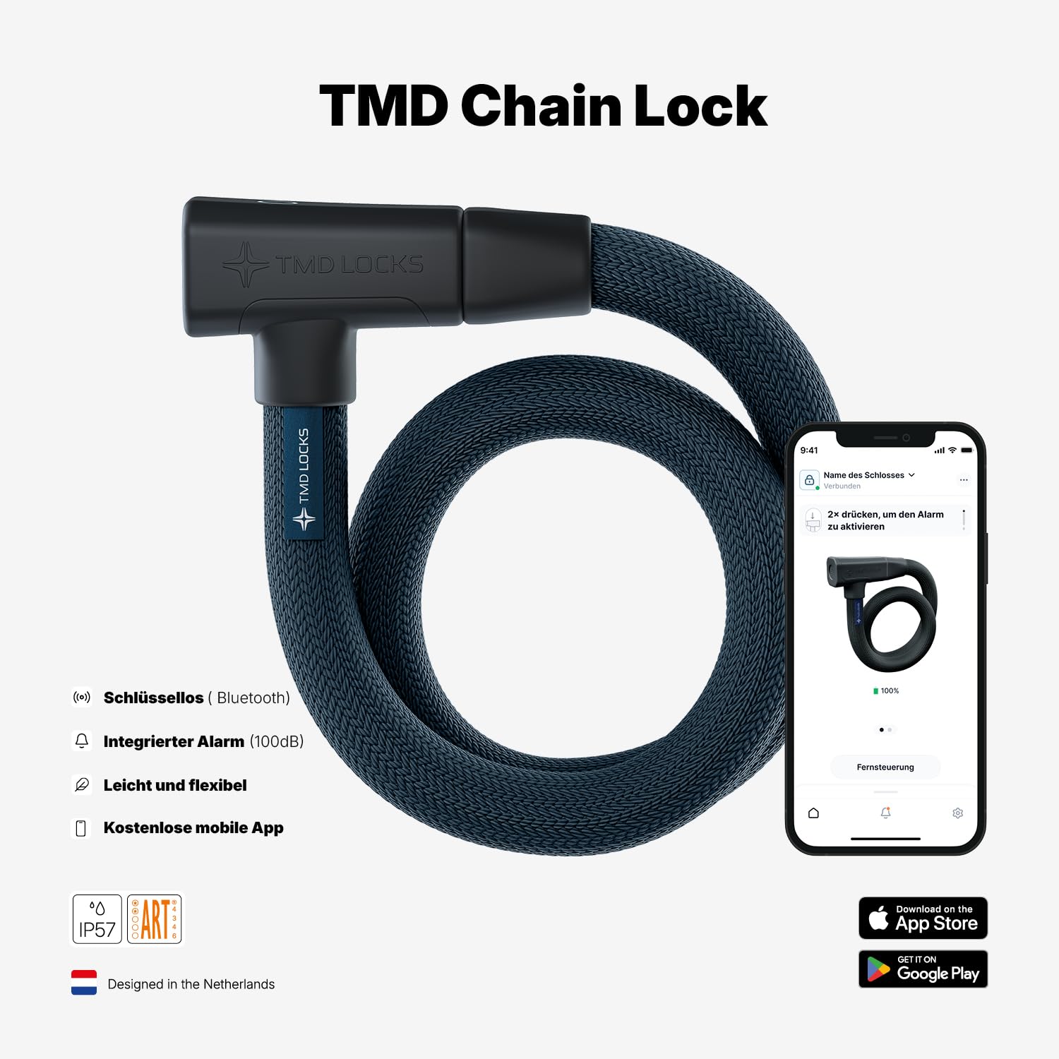 TMD Smart - Lucchetto a catena Keyless con allarme da 100 dB, certificato ART 2, app Bluetooth, antifurto per e-bike, con custodia in silicone, 70 cm, beige