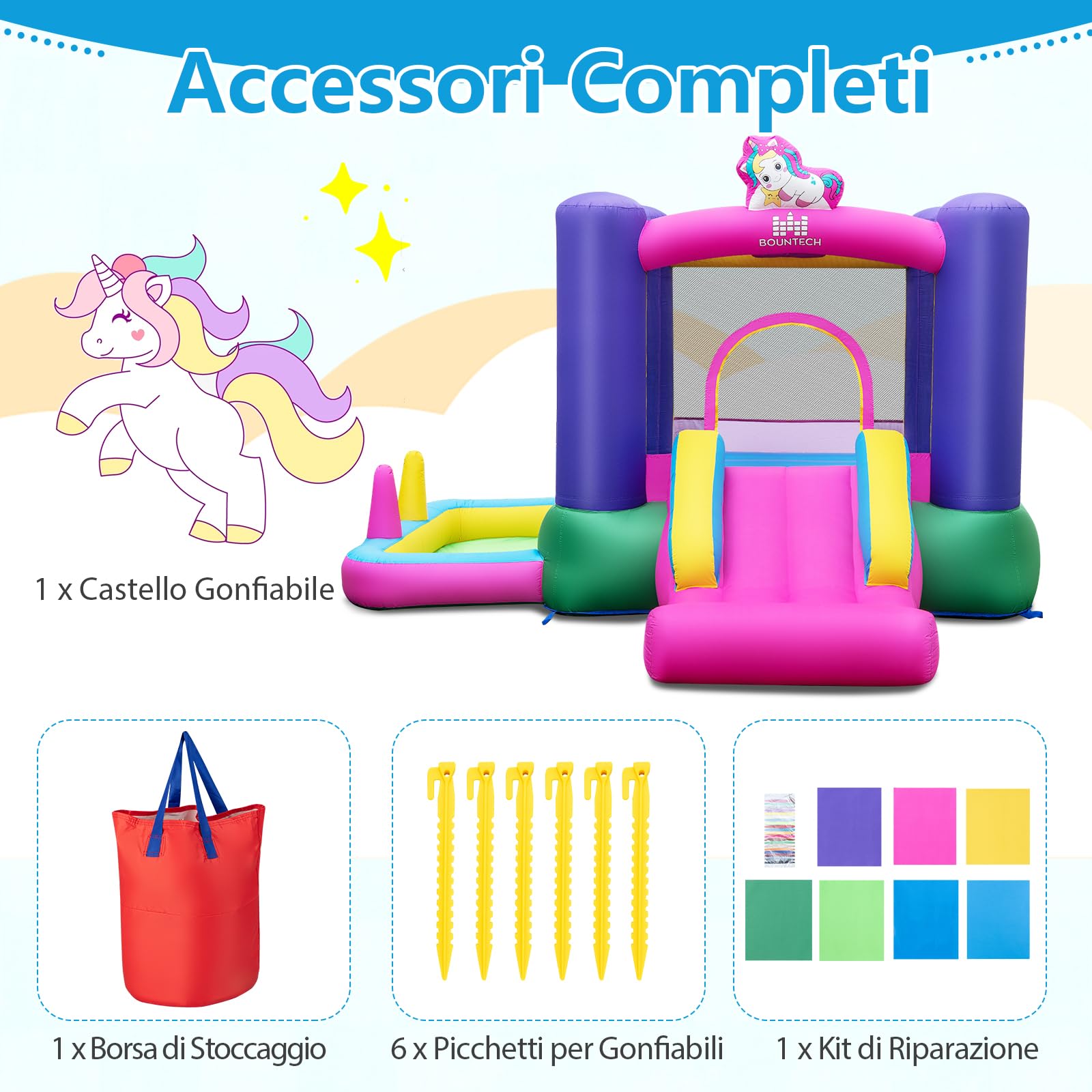 COSTWAY Castello Gonfiable 6 in 1 per Bambini con Scivolo, Castello Gonfiabile con Trampolino, Piscina e Canestro Basket, Gioco Gonfiabile da Interno ed Esterno, per Bambini da 3 a 12 Anni