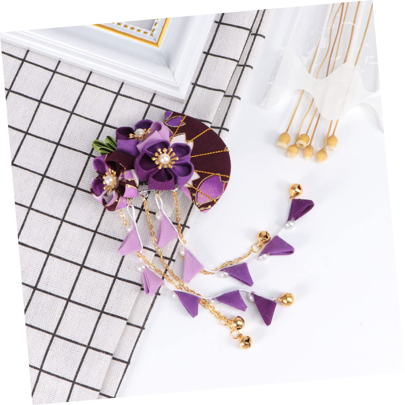 MAGICLULU 3 Piezas horquillas de flores pinza para el cabello con abrazadera lateral horquillas de flor de kimono con borla light hair clips pasador de pelo pasadores de pelo dulce Porcelana
