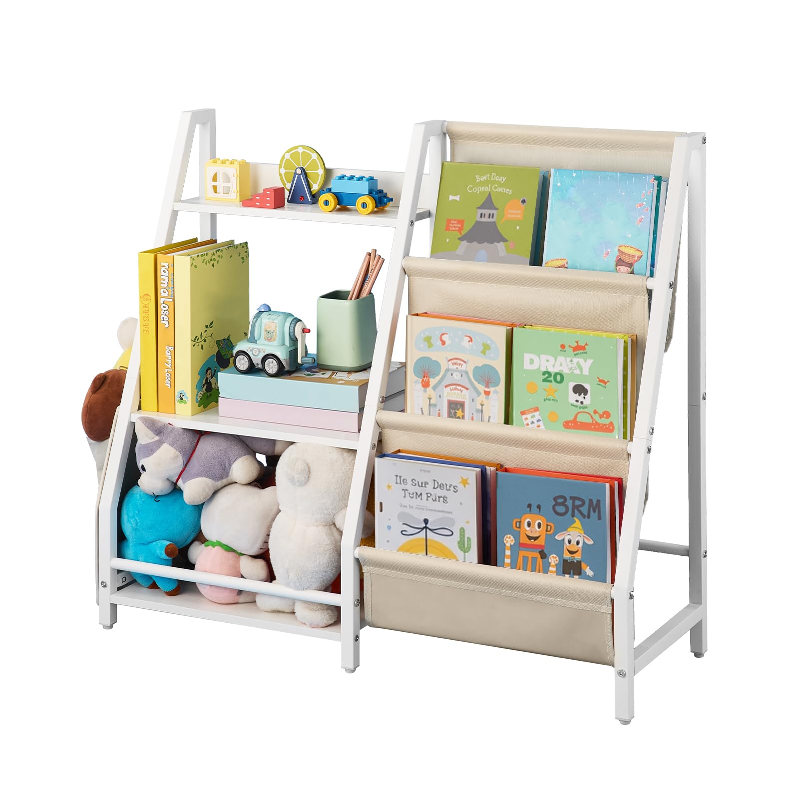 VEVOR Estantería Infantil de 3 Niveles, Estantería 850 x 300 x 755 mm con Soporte para Libros y Bolsa de Almacenamiento, Mueble para Niños para Dormitorio, Habitación Infantil y Salón, Blanco