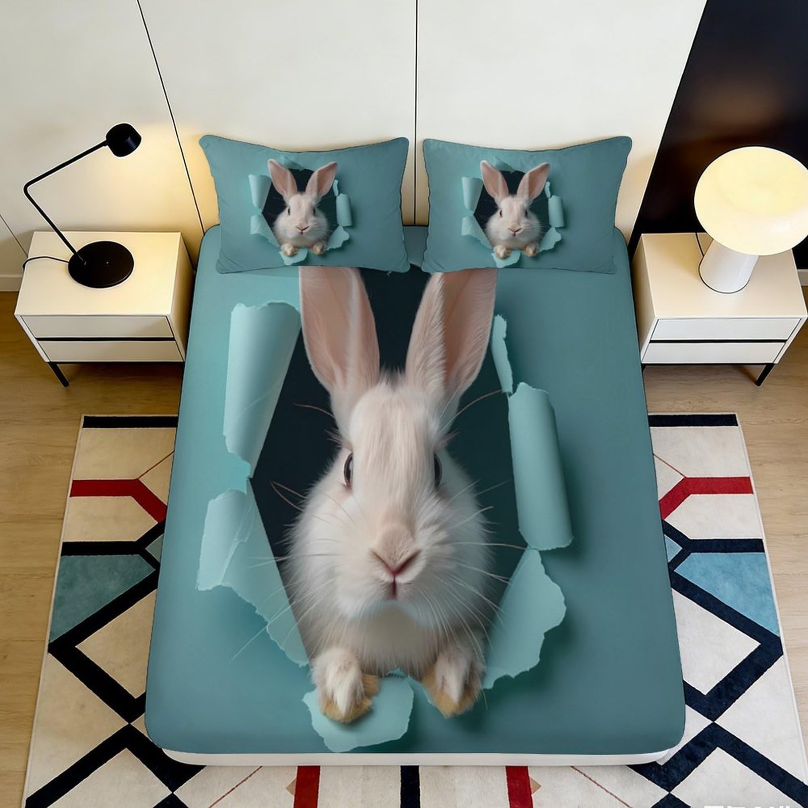 3D Printed Bunny Hole Fitted Sheet Microfiber Teal Rabbit Bed Cover for Bedroom Dorm Mattress Protection Decor 200x200x25cm