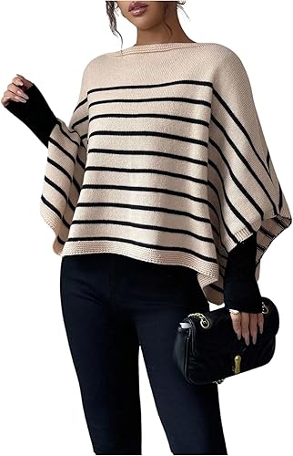 MakeMeChic Women's Striped 3/4 Sleeve Poncho Top Boat Neck Fall Knit Sweater Kha