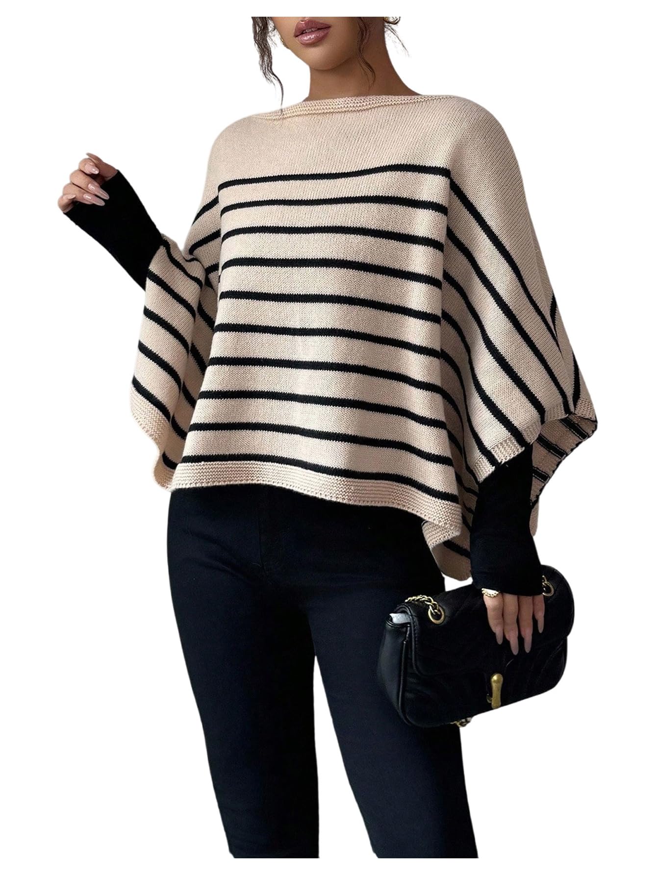 MakeMeChic Womens Striped 3 4 Sleeve Poncho Top Boat Neck Fall Knit Sweater