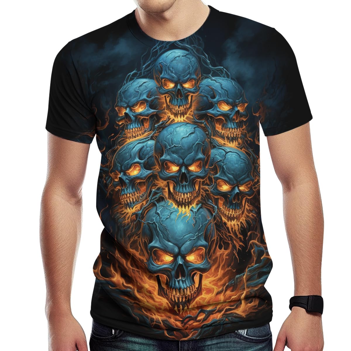 Hehanus Men's Green3 Novelity 3D Print Skull T-Shirts Flame Skull Graphic Short Sleeve Tee Shirt, Medium