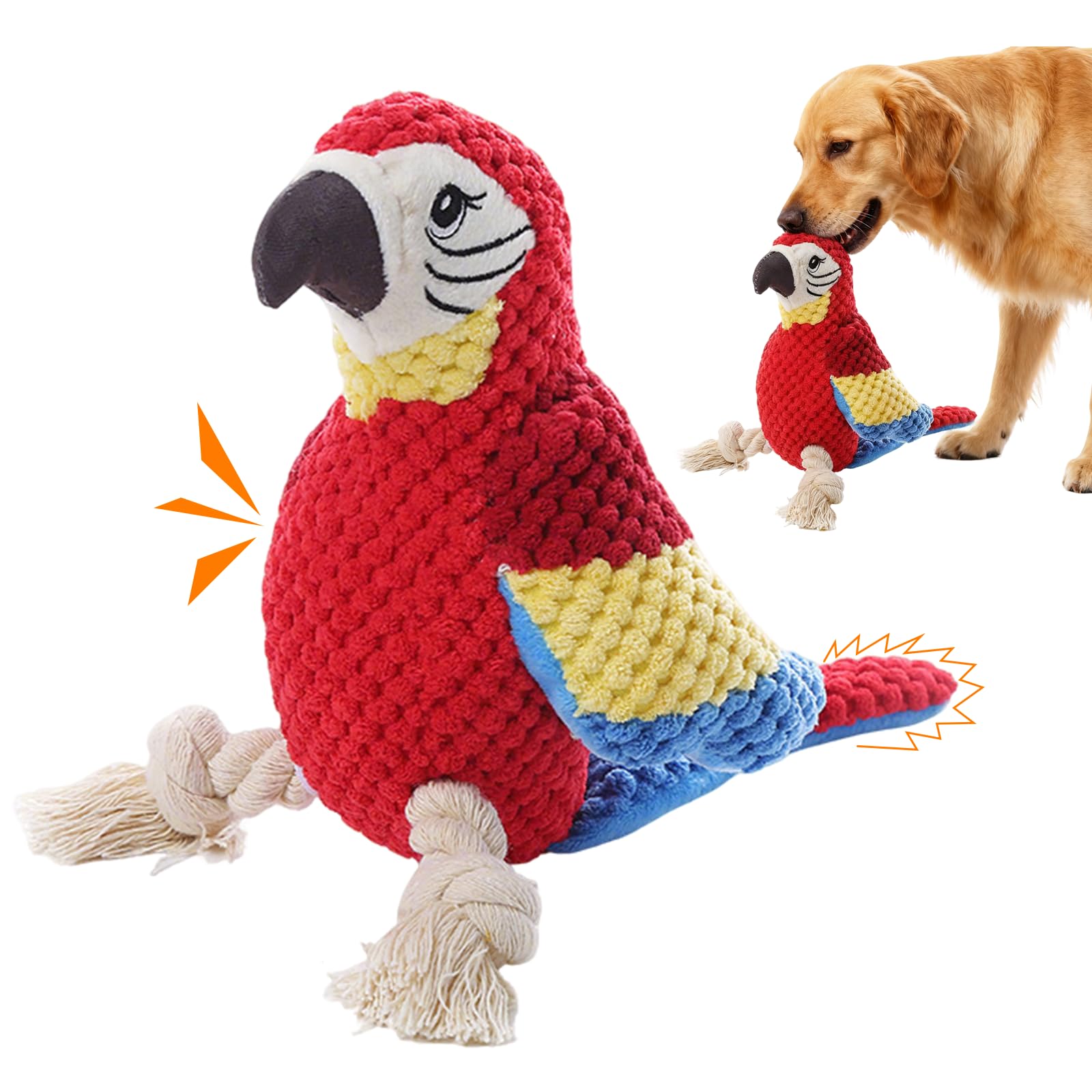 Sythrix Squeaky Dog Toys, Parrot Soft Plush Rope Dog Toy with Squeaker & Crinkle Tail & Rope Feet, Stuffed Parrot Dog Toys for Large/Medium/Small Dogs Chew Toys,Fetch Game