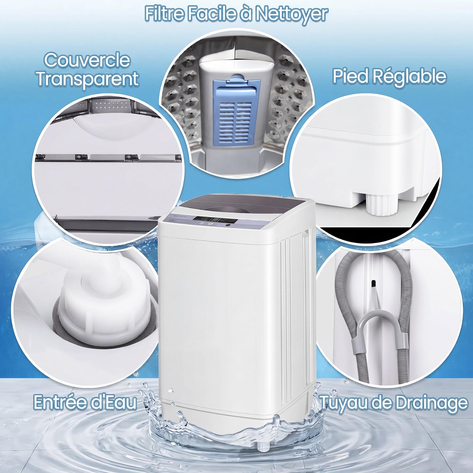 GYMAX Lave-Linge Automatique, Mini Machine à Laver 4,5 KG, 10 Programmes, 8 Niveaux d'Eau, avec Affichage LED, Pompe de Vidange, pour Maison, Appartement, Camping, Dortoir