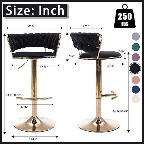 Miniatura 3 de Juego de 2 taburetes de bar de terciopelo giratorios con base de metal dorado, taburetes de bar modernos de altura de mostrador para cocina, pub,