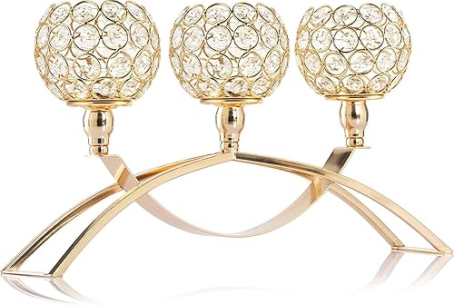 Portavelas de cristal dorados de 3 brazos, candelita para mesa de comedor, centro de mesa, decoración de mesa para comedor, decoración de mesa de