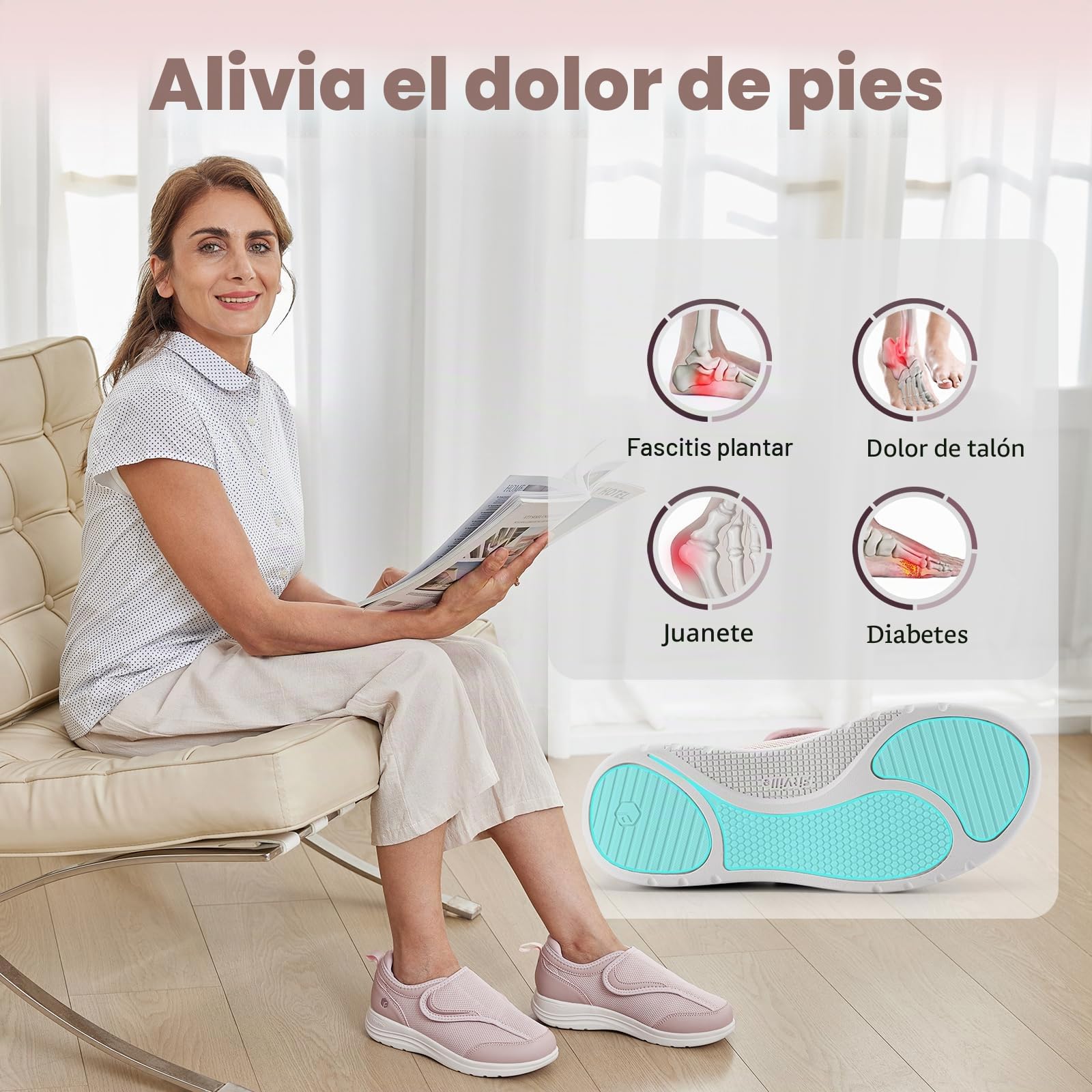 FitVille Zapatillas Casual Mujer Extra Anchas Ajustables Zapatos Rehabilitación Antideslizante para Caminar Transpirables Zapatillas de Casa