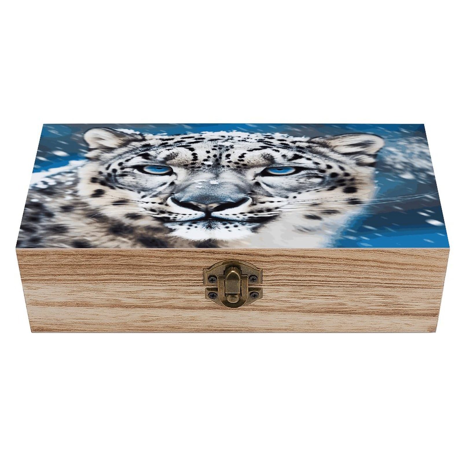 VstaDank Blue Eyed Snow Leopard Wooden Keepsake Box with Hinged Lid Solid Wood Gift Boxes Beautifully Keepsake Box Jewellery Organiser Retro Memory Treasure Case with Lids Decorative Boxes