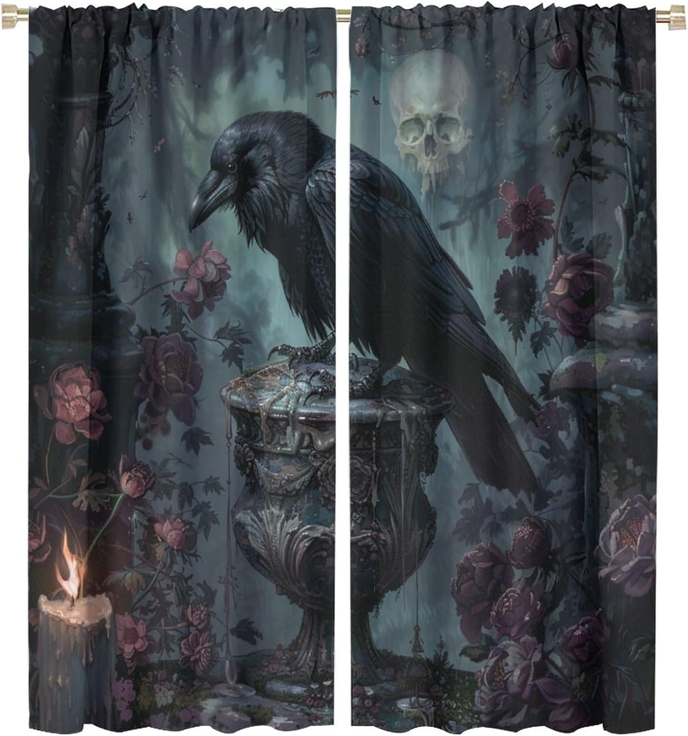 Gothic Skull Flower Blackout Curtains, Crow Bird Curtains Rod Pocket Thermal Insulated Window Drapes for Bedroom/Living Room, 2 Panels, Each 21W x 45L