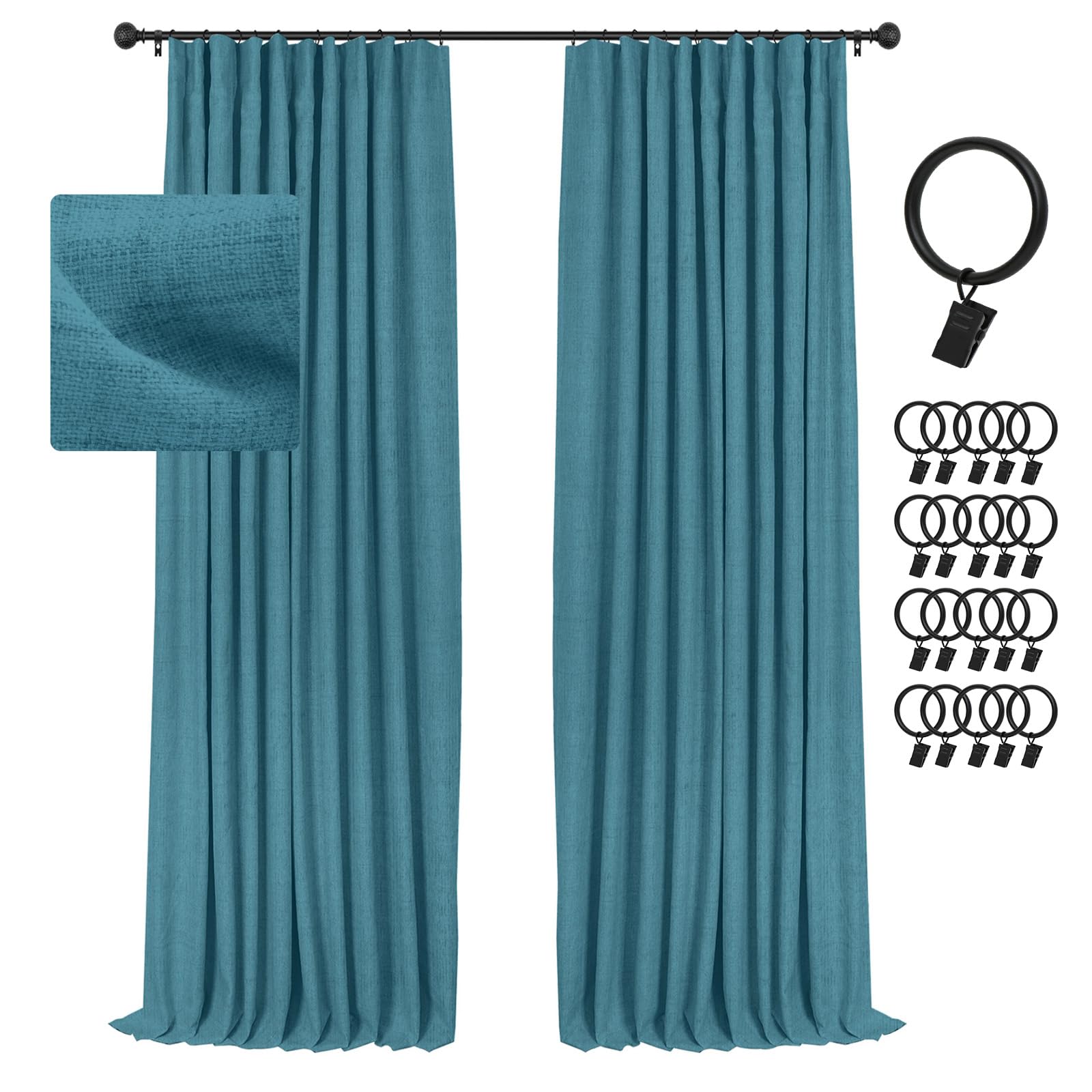 INOVADAY 100% Blackout Curtains for Bedroom, Black Out Curtains 84 Inch Long, Clip Rings Linen Blackout Drapes, Thermal Insulated Room Darkening for Living Room, 2 Panels - Bluesapphir,W50xL84