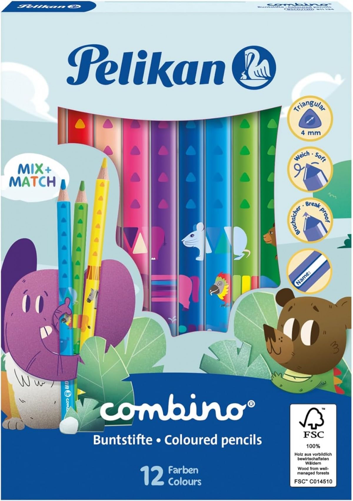 Pelikan Jumbo Buntstifte combino, dreieckig, dick, mit Tier-Motiven, 12 Stück