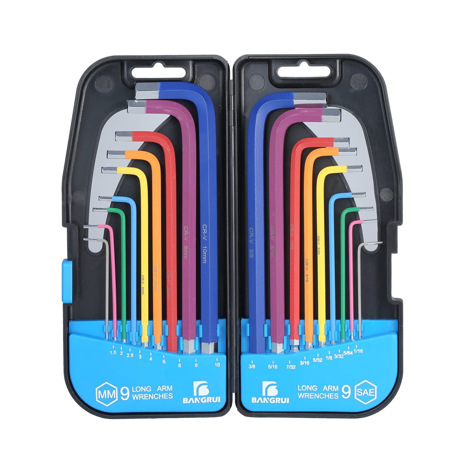 18PCS Ball End Hex Key Wrench Set Multicolor Long Arm Metric & SAE Wrenches Industrial Grade Chrome Vanadium Steel Hex Key Allen Wrench with Holding Case