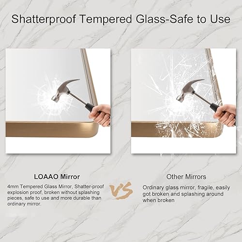 Miniatura 6 de LOAAO Espejo de baño dorado de 24 x 36 pulgadas, espejo rectangular redondeado con marco dorado, espejo de tocador de baño dorado cepillado montado