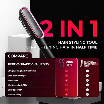Hair Straightener Brush, TYMO Ring Hair Straightener Comb Straightening Brush for Women with 5 Temps 20s Fast Heating & Dual Voltage, Black