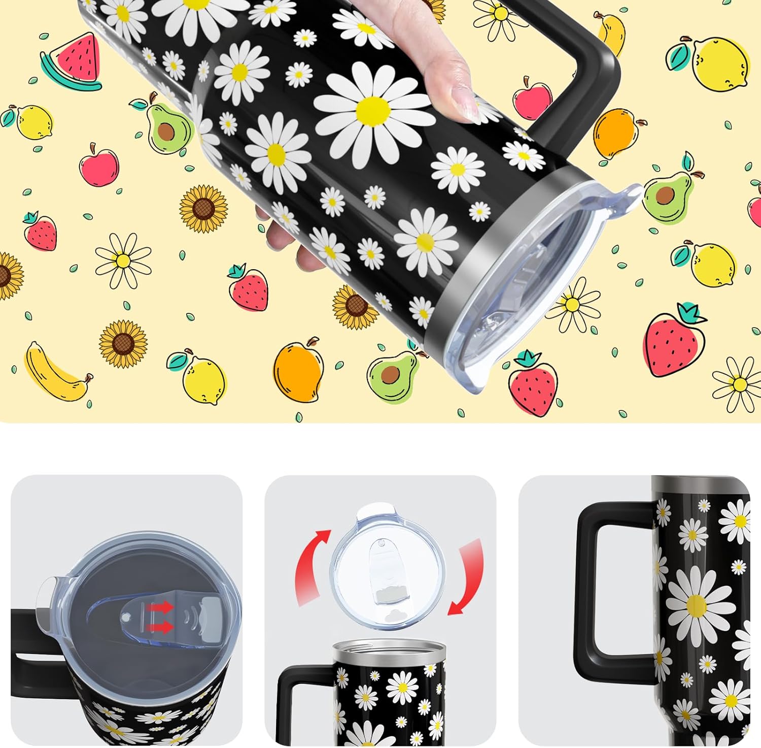 Daisy Gifts 40 Oz Tumbler with Handle and Lid Straw, Black flower Stainless Steel Double Walled Vacuum Insulated Cup Mug, Floral Lover Birthday Gifts for Women Girls (1 PC) - Image 5