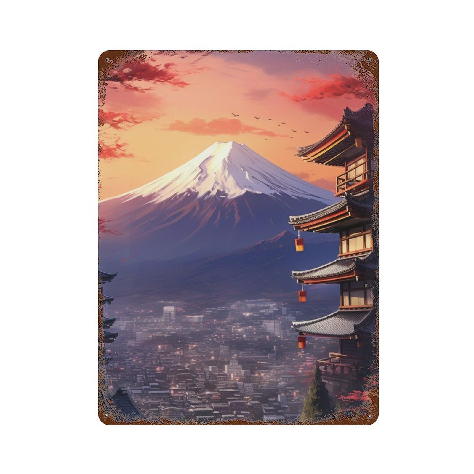Japan's Mount Fuji Sunset Rust Effect Tin Sign 15.7"x11.8", Decorative Metal Wall Art for Living Room, Hallway And Home Decor