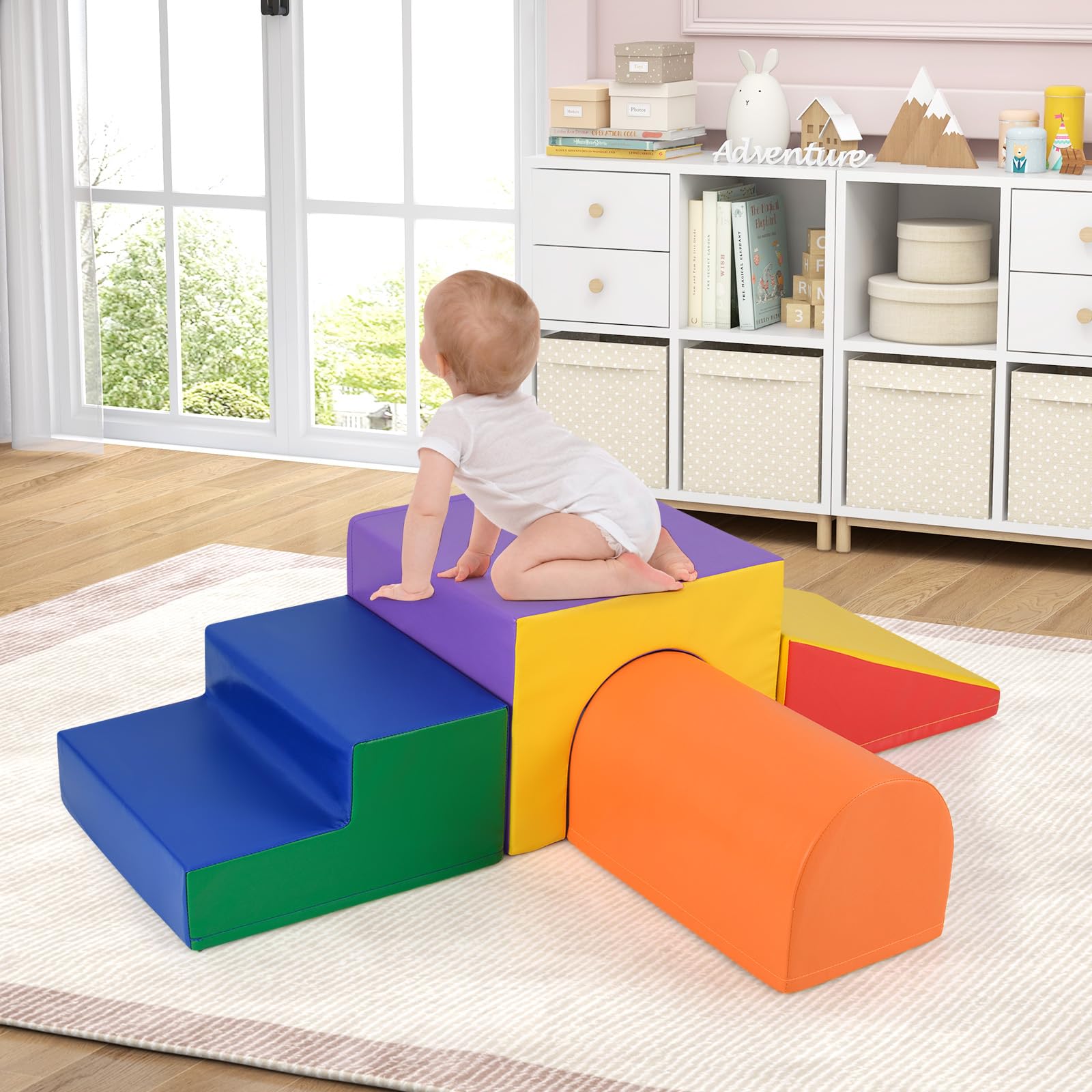GOPLUS 4 PCS Parcours Motricité Bébé, Module Motricité en Mousse, PU+EPE Haute Densité, Attaches Auto-Agrippantes, Jouets Montessori Convient pour 3 Ans+ (Bleu+Orange)