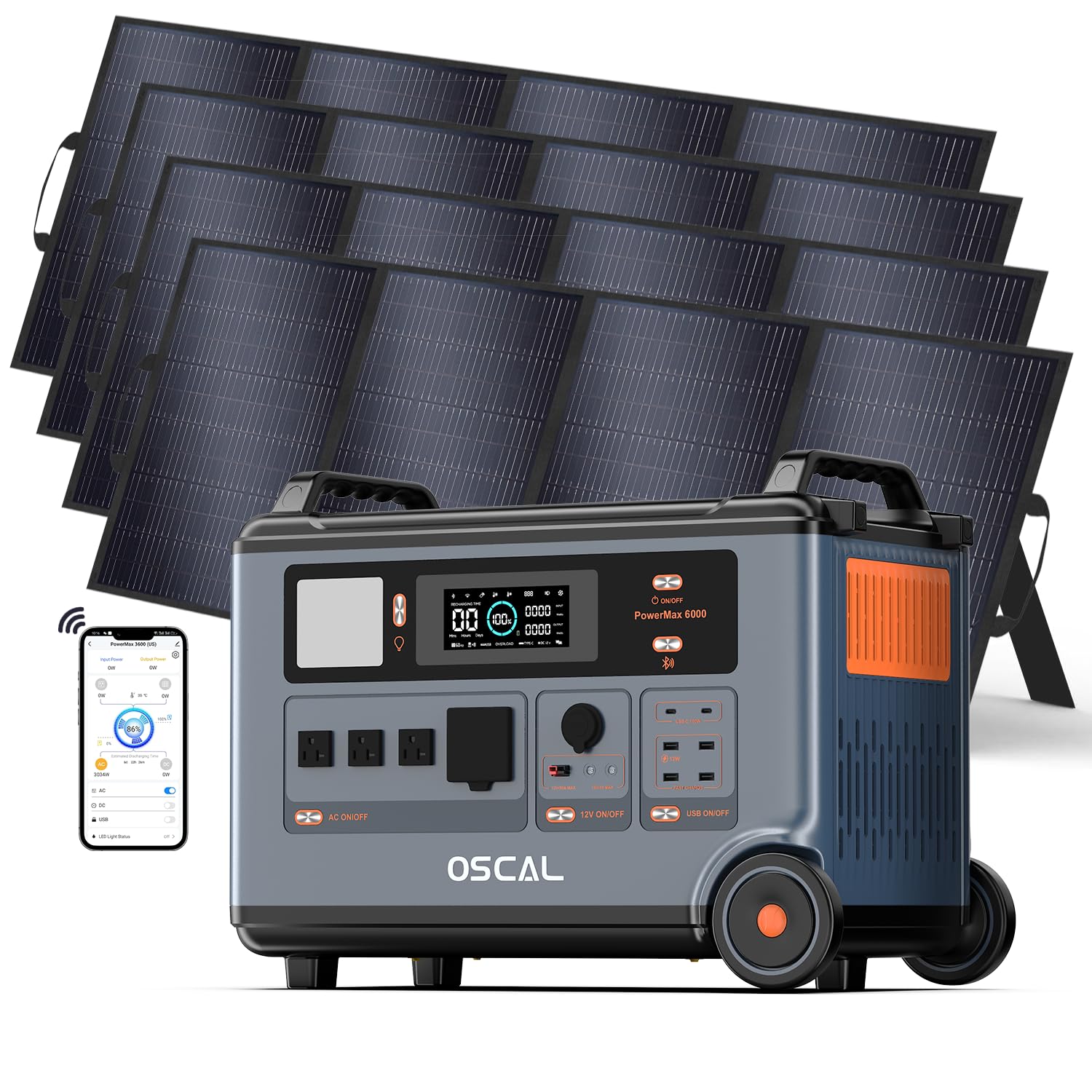 OSCAL PowerMax 6000 Solar Generator with 4x400W Solar Panel, 120V/240V Portable Power Station 6000W AC Outlets (9000W Peak), 2200W AC Charging/2400W