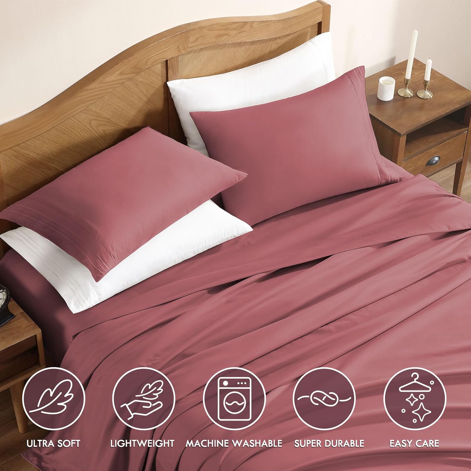 ClevaHome Sheet Set Queen Size, 4-Piece Bedding, Lightweight & Super Soft Easy Care Microfiber– Shrinkage & Fade Resistant Bedding Set with 14'' Deep Pockets (Dusty Rose)