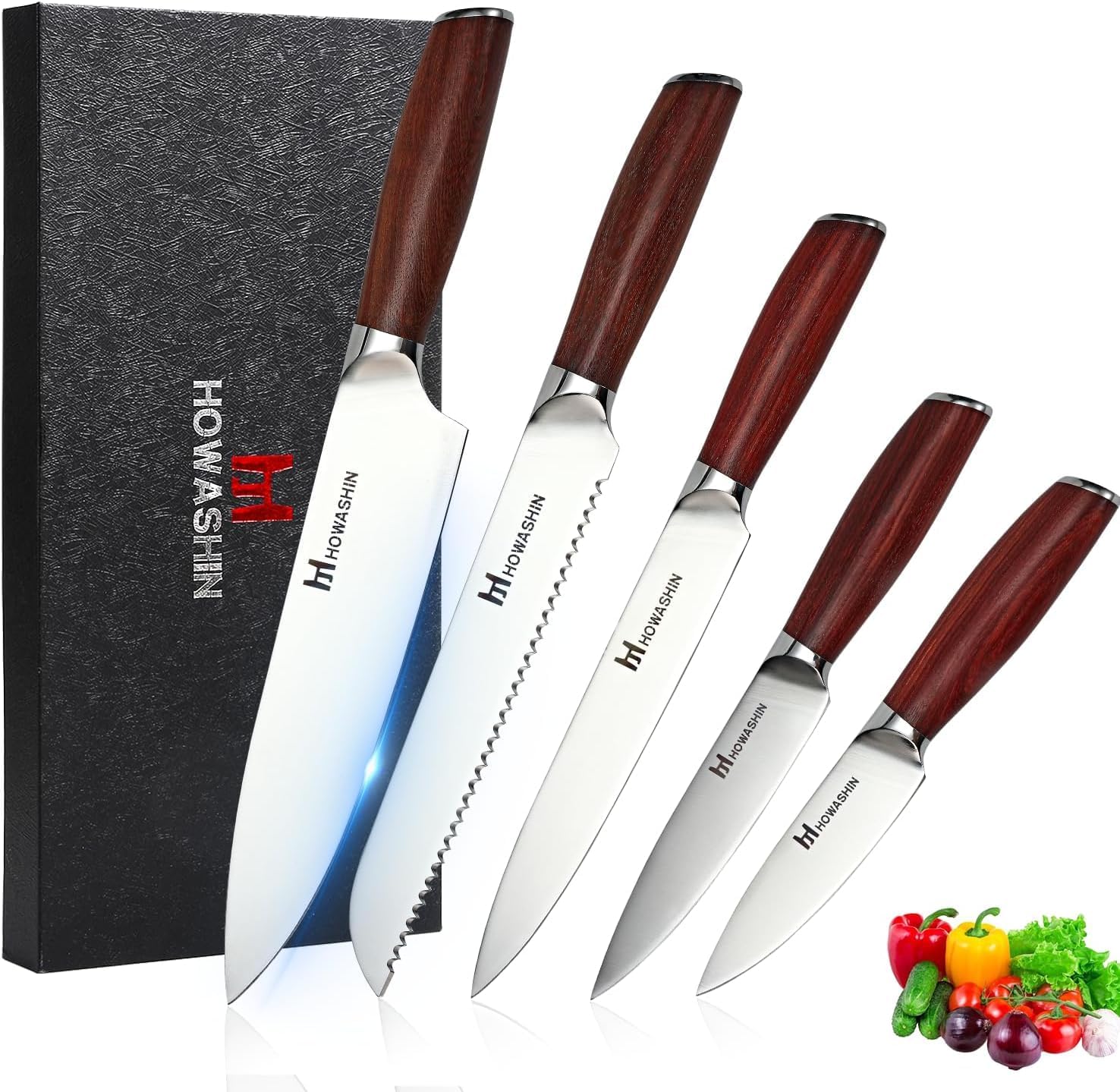 5PCS Kitchen Knives Set, Professional Chef Knife Set, High Carbon Stainless Steel Ultra Chef Knife Sets with Ergonomic Sandalwood Handle for Chopping Vegetable and Cooking
