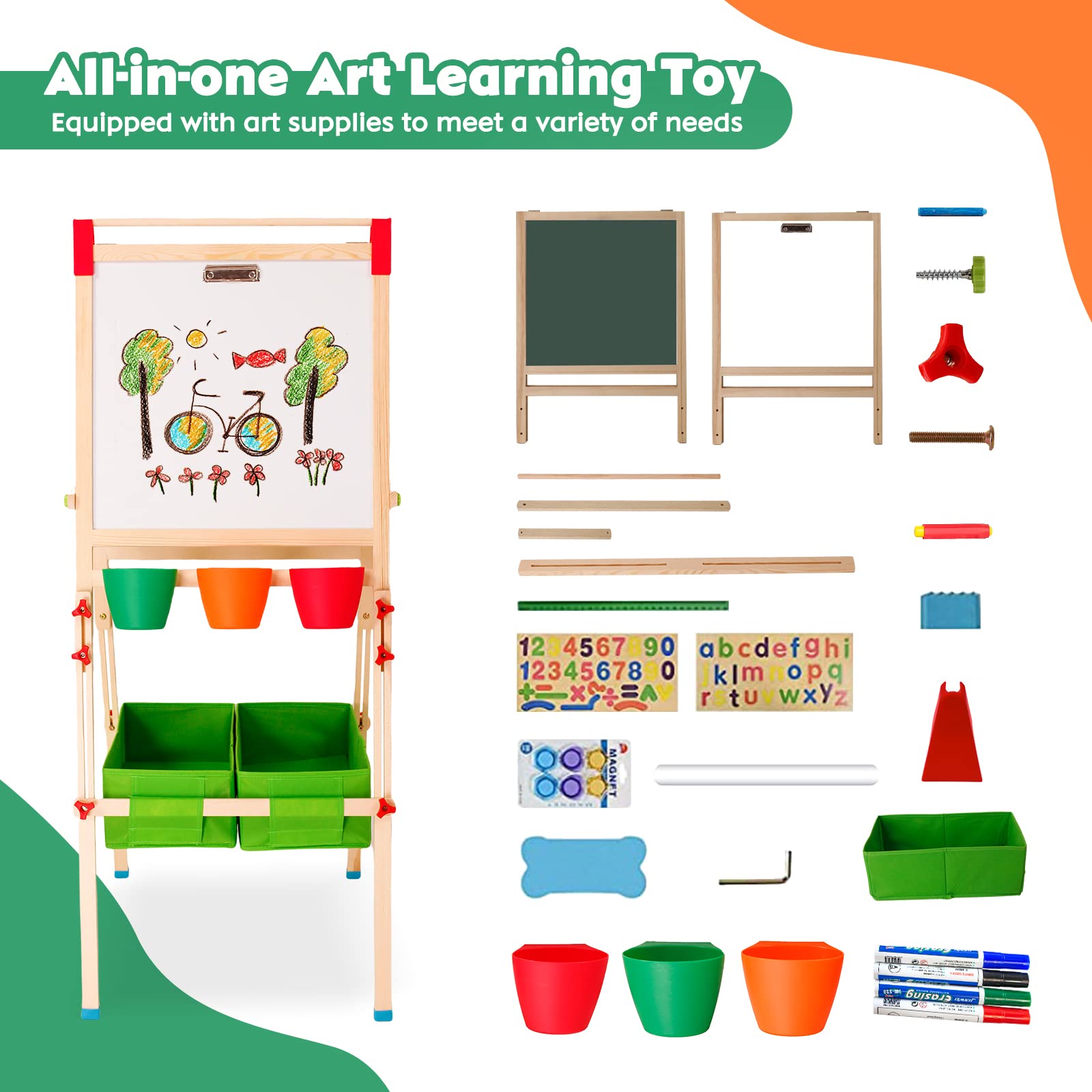 Cavalletto per bambini in legno, lavagna per bambini con rotolo di carta Lavagna bianca e lavagna bifacciale Cavalletto artistico regolabile in altezza con numeri e altri accessori per bambini