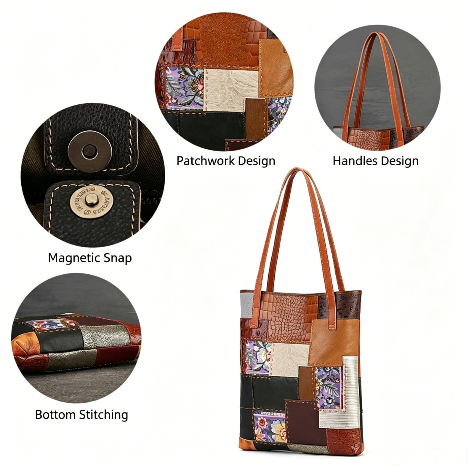 HJDMO Borsa a tracolla in vera pelle per le donne di grande capacità con tasche multiple chiusura a bottone magnetico borsa con design patchwork