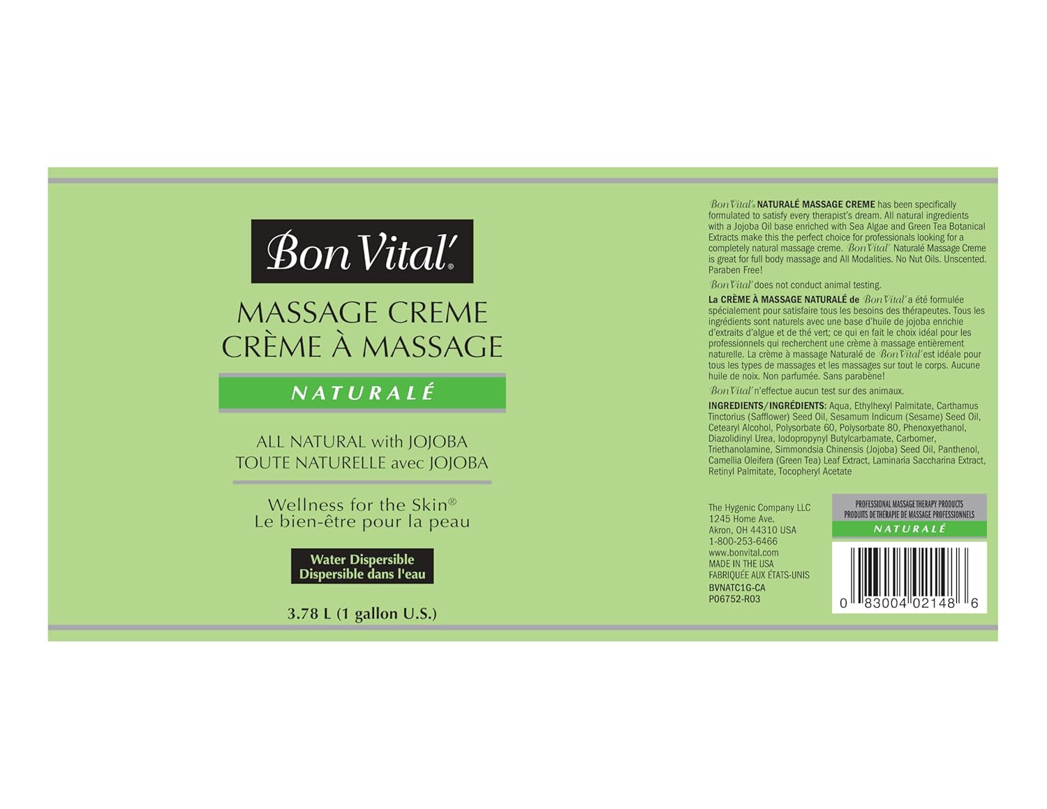 Bon Vital' Naturale Massage Creme, Professional Massage Therapy Cream with Natural Ingredients for Earth-Friendly Massage, Full Body Daily Moisturizer for Smooth Skin, 1 Gal, Label may Vary