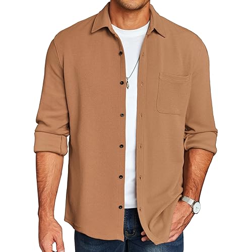 COOFANDY Men's Wrinkle Free Shirt Button Down Long Sleeve Shirts Trucker Overshirt Casual Big and Tall Jackets Light Brown