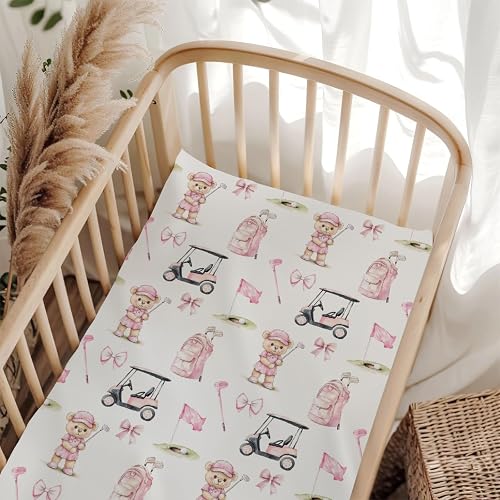 Cute Golf Bear Balls Cart Club Pink Baby Crib Sheet for Boys