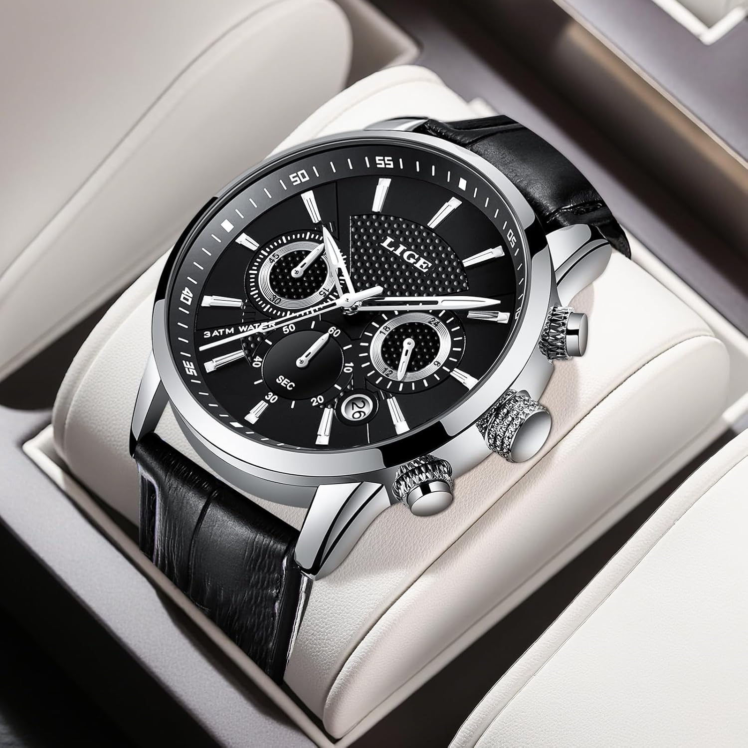 LIGE Wrist Leather Watches for Men Analog Dress Chronograph Waterproof Vintage Work Casual Quartz with Date Display Chronograph Luminous 30M Water Resistant Business Classic Mens Watch