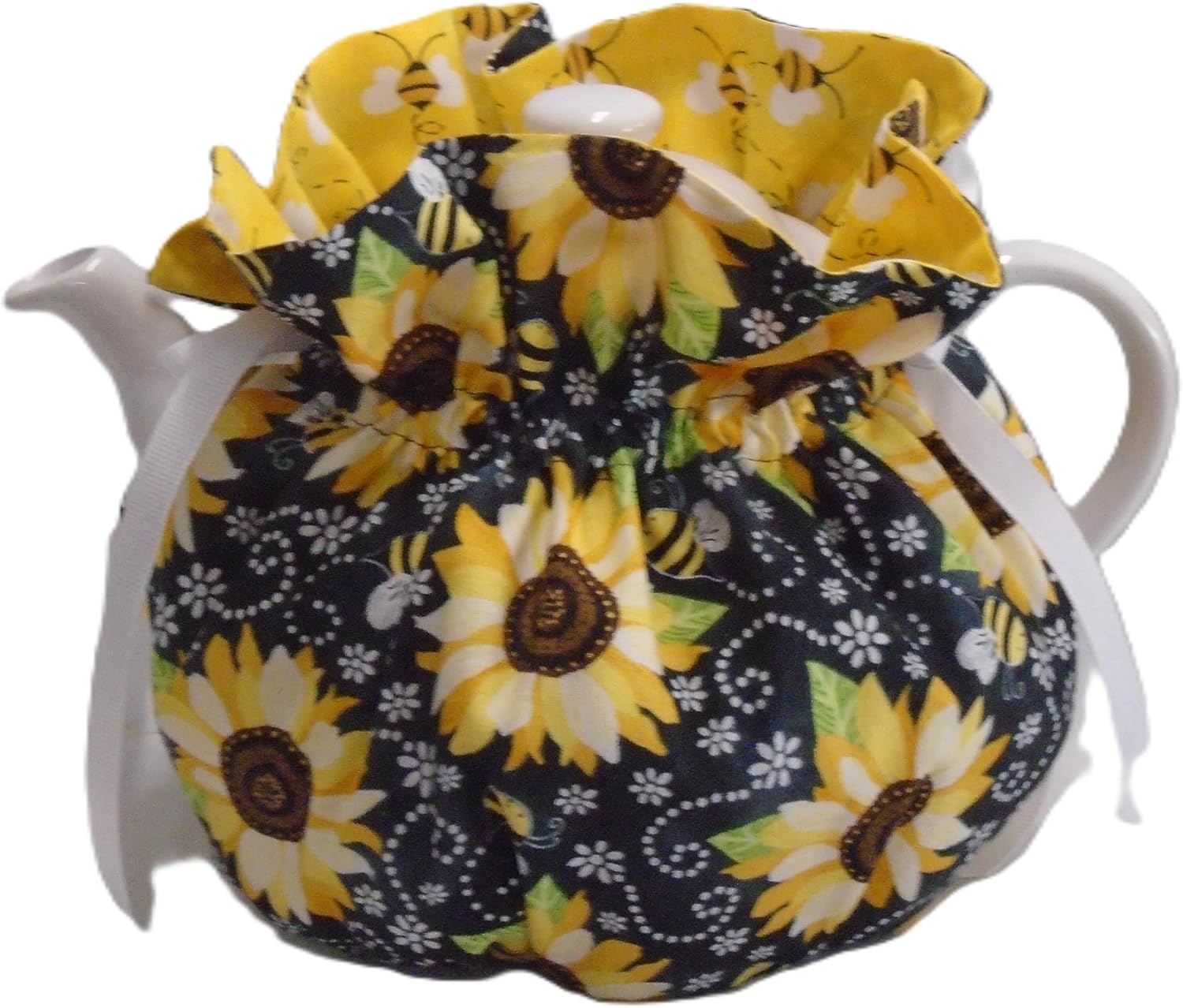 Pretty Sunflowers & Bubble Bees on Black 6 Cup Reversible Tea Pot Cozy