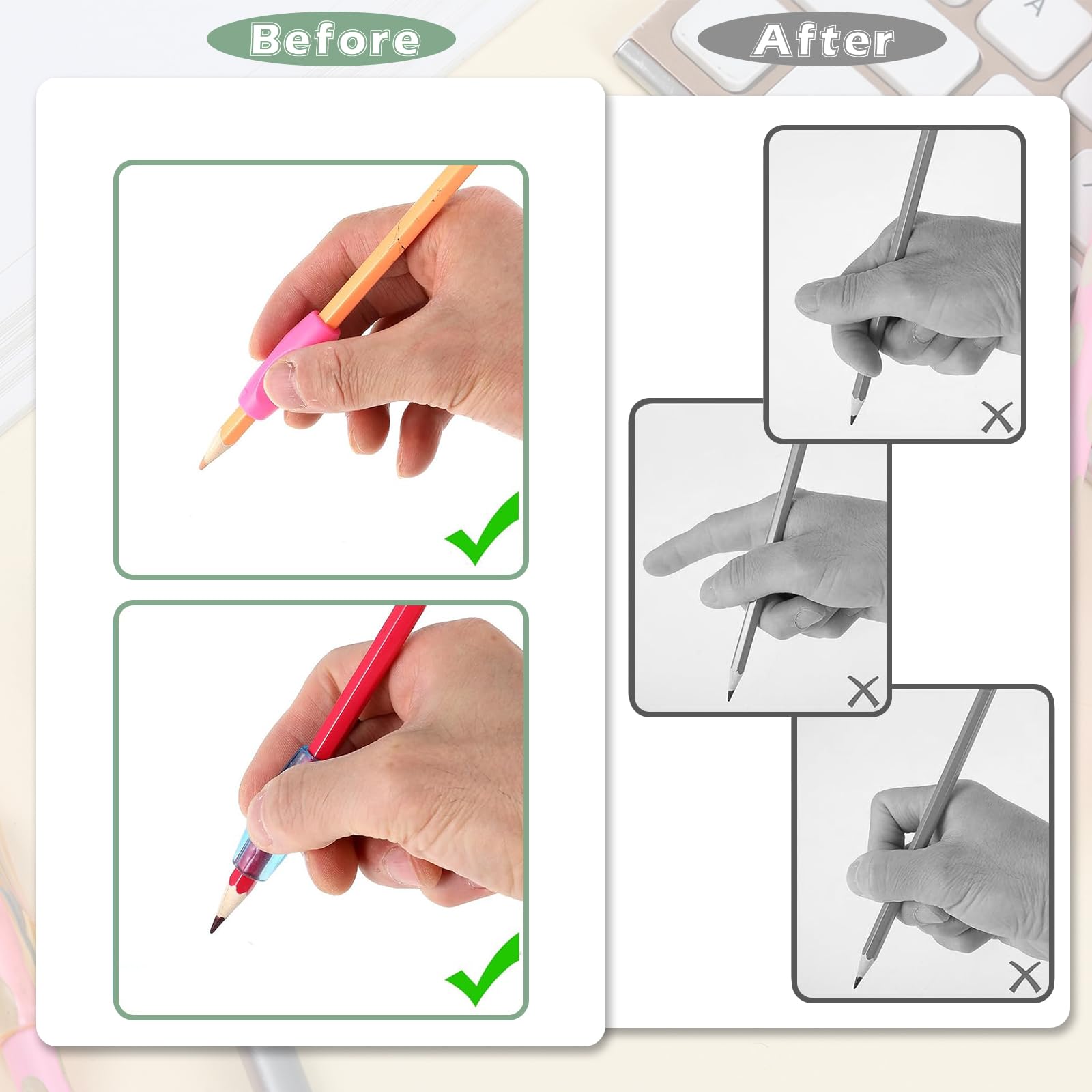 50 impugnature ergonomiche in silicone per matite colorate per artrite, impugnatura in gomma morbida, correzione della postura, supporto per matite con scatola portaoggetti, per bambini e adulti